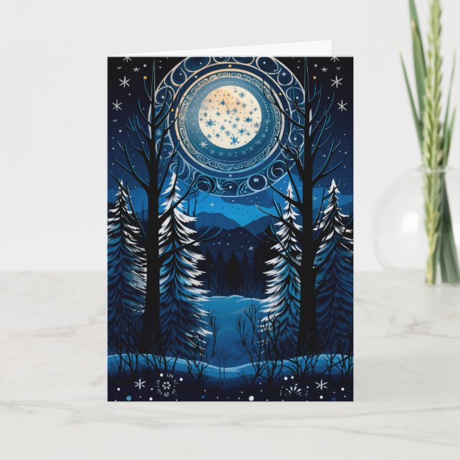 Cartão De Festividades Bênção: Yule Winter Solstice Cozy Floresta de Lua  (Frente)