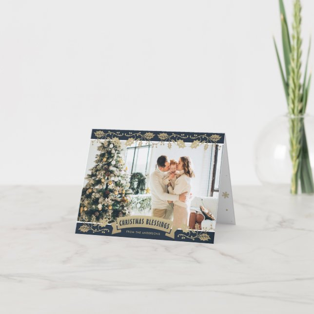 Cartão De Festividades Bênçãos de Natal Elegante Azul Religioso (Frente)