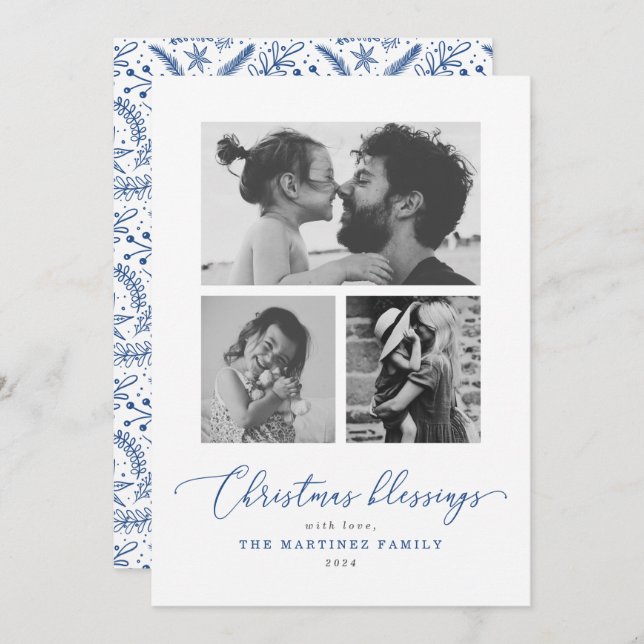 Cartão De Festividades Bênçãos de Natal - Script Azul - Várias Fotografia (Frente/Verso)