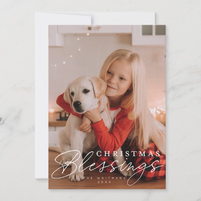 Cartão De Festividades Bênçãos de Natal script e foto serif  (Frente)