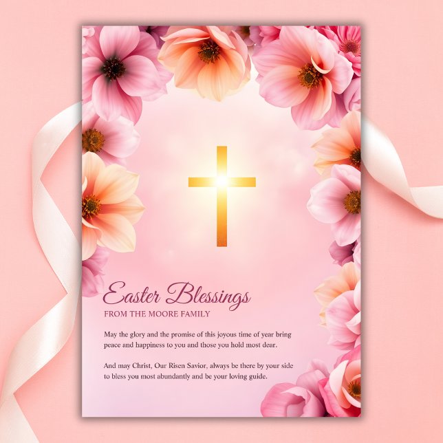 Cartão De Festividades Bênçãos de Páscoa da Cruz Católica Floral Rosa (Pink Floral Catholic Cross Easter Blessings Holiday Card)