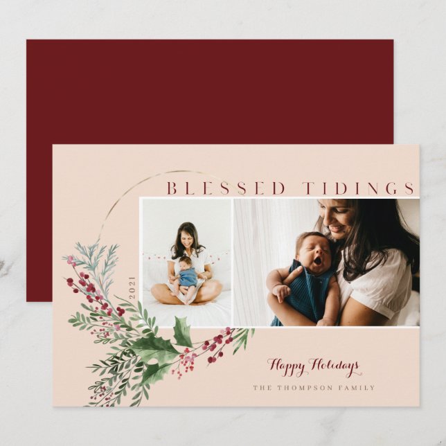 Cartão De Festividades Bendito Tidings Watercolor Greenery Wreath Fotos (Frente/Verso)