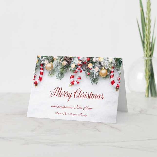 Cartão De Festividades Bengala de Açúcar,Ramos de Pinheiro,Bolas (Frente)