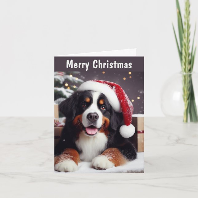 Cartão De Festividades Bernese Dog Santa Hat Personalizado Feliz Natal (Frente)