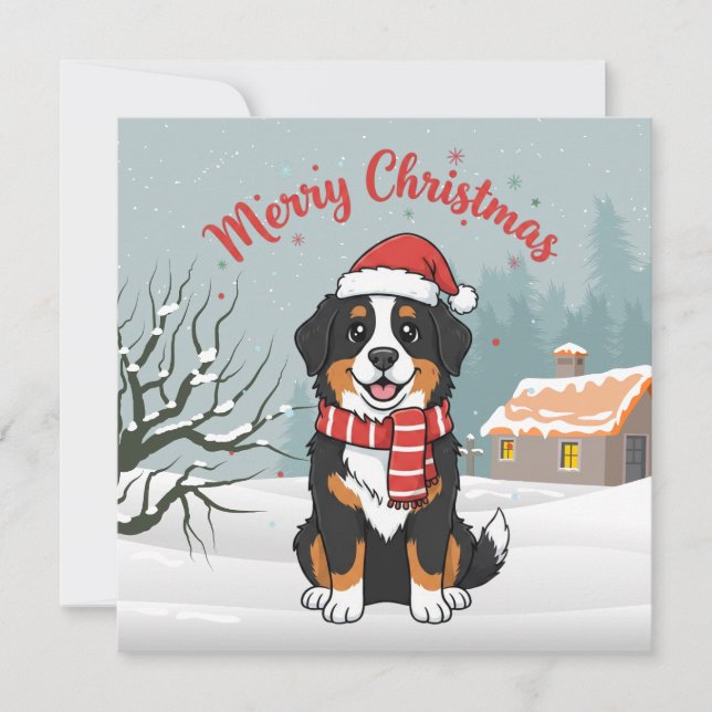Cartão De Festividades Bernese Mountain Dog Snowy Christmas Doodle (Frente)