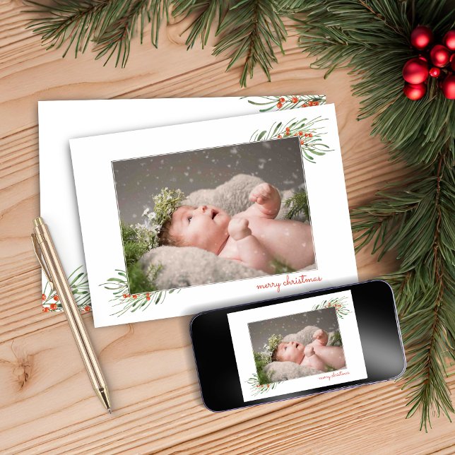 Cartão De Festividades Berries de Folhagem Elegante Feliz Quadro de Natal (Elegant Foliage Berries Merry Christmas Frame Holiday Card)