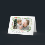 Cartão De Festividades Berries e Greenery Frame Feliz Foto de Natal<br><div class="desc">Enviar desejos e saudações com este Cartões de foto de Natal personalizável. Apresenta folhas de aquarela,  colas e bagas com um roteiro elegante. Personalize adicionando uma foto e textos paisagísticos. O cartão de Natal perfeito para a sua família e amigos. Itens correspondentes estão disponíveis.</div>