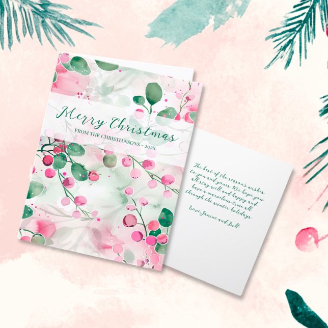 Cartão De Festividades Berries Rosa Elegante Natal Floral (Elegant Pink Berries Floral Folded Christmas Card)