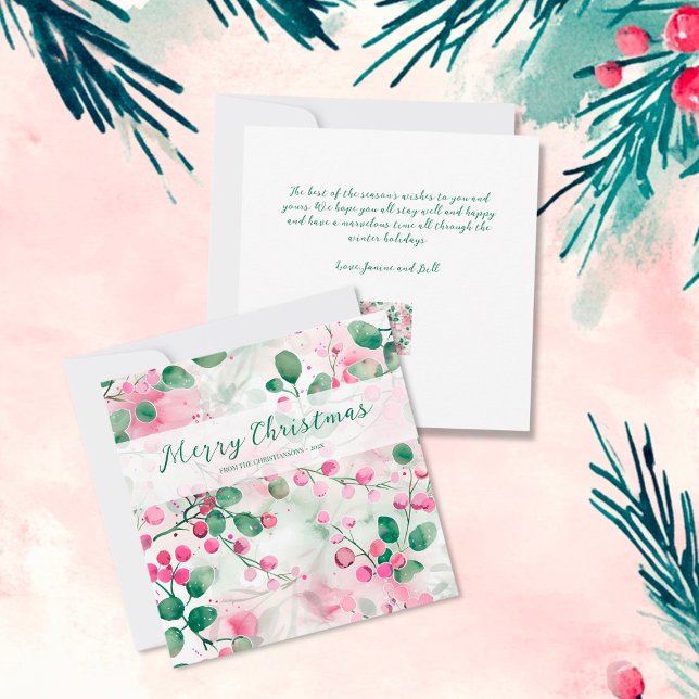Cartão De Festividades Berries Rosa Elegante Natal Floral (Elegant Pink Berries Floral Flat Christmas Card)