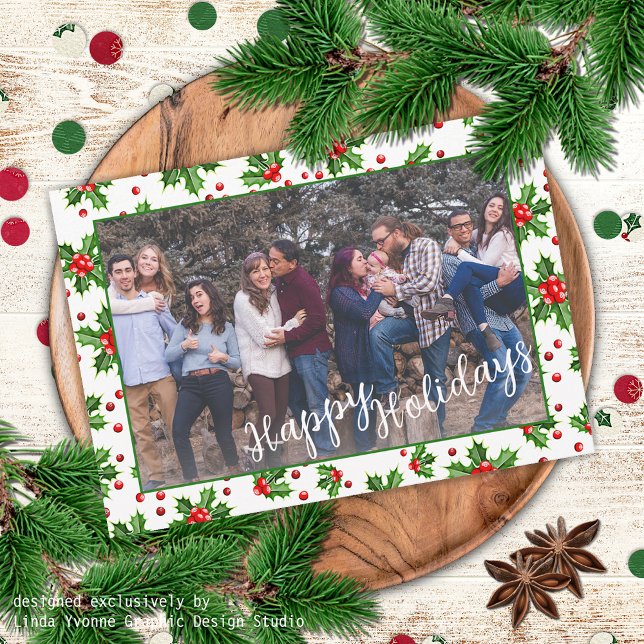 Cartão De Festividades Berries Vermelho Holly Verde Clássico Personalizad (Criador carregado)