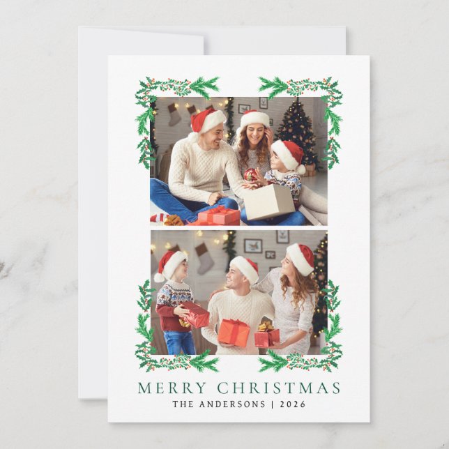 Cartão De Festividades Berry Branch Frame Christmas Family 2 Photo (Frente)