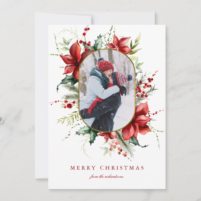 Cartão De Festividades Berry Gold Foil Frame Photo Christmas Holiday Card (Frente)