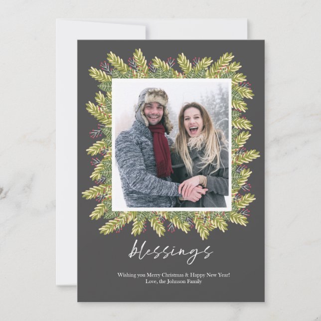 Cartão De Festividades Berry & Greens Beneficia Floral Quadro de Natal (Frente)