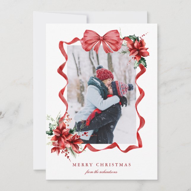 Cartão De Festividades Berry Red Bow Frame Photo Christmas Holiday Card (Frente)