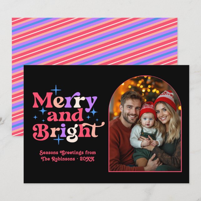 Cartão De Festividades Berry Sorbet Foto Moderna da Família Retro Natal (Frente/Verso)
