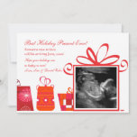 Cartão De Festividades Best Holiday Present<br><div class="desc">Feature your ultrasound in a Christmas present and send your "gift" to everyone on your mailing list to announce your baby's on the way. The white background has a border of brightly-wrapped gifts and the biggest present is a window for your baby's ultrasound. The card is easy to customize with...</div>