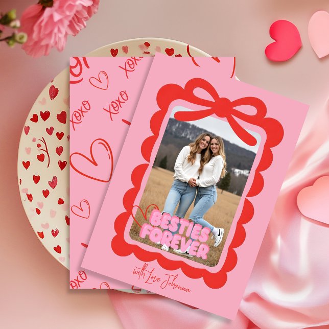 Cartão De Festividades Besties Forever Pink Bow Galentine’s Photo (Besties Forever Pink Bow Galentine’s Photo Holiday Card)