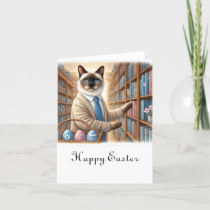 Cartão De Festividades Bibliotecário de Gatos com cesto de ovos de Páscoa