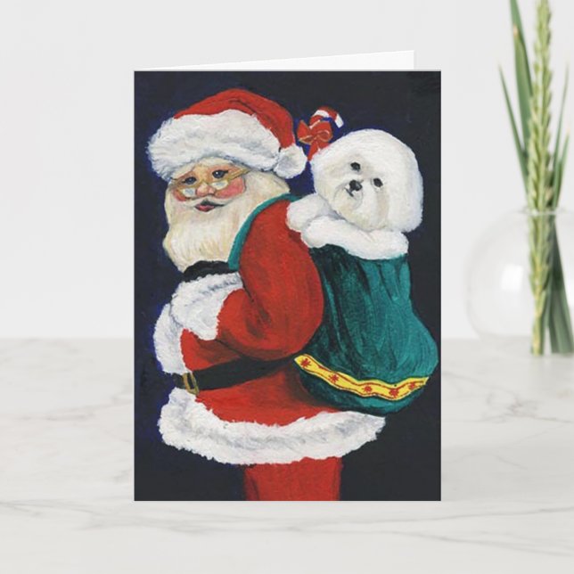 Cartão De Festividades "Bichon Frise and Santa" Dog Art Christmas Card (Frente)