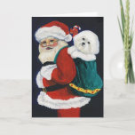 Cartão De Festividades "Bichon Frise and Santa" Dog Art Christmas Card<br><div class="desc">Send your greetings in this card featuring a reproduction of my original oil painting of "Bichon and Santa".</div>