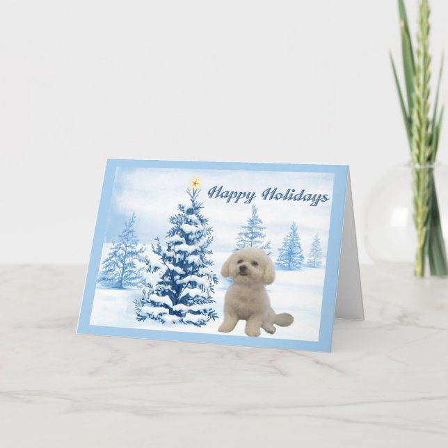 Cartão De Festividades Bichon Frise Christmas Card Blue Tree (Frente)