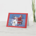 Cartão De Festividades Bichon Frise Christmas Card Santa and Snowman<br><div class="desc">Remembering family and friends during the holiday season is a wonderful way to keep in touch with the people you love and care about. I created these dog holiday cards with love and care and I am sure anyone who loves dogs will be delighted to receive them. You do have...</div>
