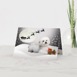Cartão De Festividades Bichon laying in snow with Santa Over Head