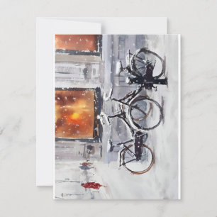 Cartão De Festividades Bicicletas Na Tempestade De Neve Em Aquarelas