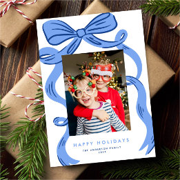 Cartão De Festividades Big Bold Bright Blue Bow Christmas Photo