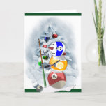 Cartão De Festividades Billiard Ball Snowman Natal<br><div class="desc">O boneco de neve da bola Cue é adorável em muitas mercadorias de Natal divertidas. Ideias de presentes de excelente para amantes do jogo de bilhar.</div>