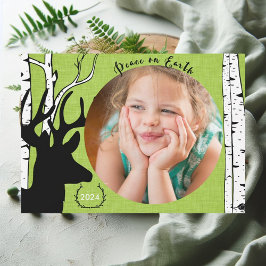 Cartão De Festividades Birch Forest Deer Green Linen Holiday Photo Card