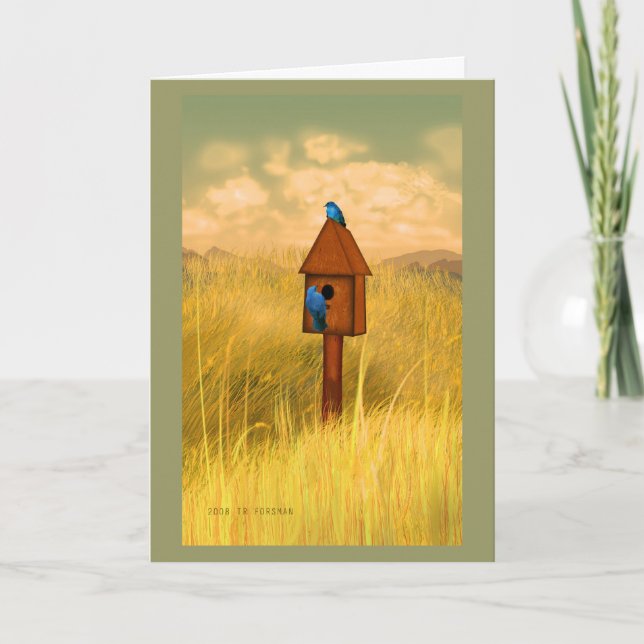 Cartão De Festividades Bird house in country 2 bluebirds painting card (Frente)