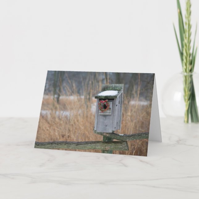 Cartão De Festividades Bird, nest box with holiday wreath in winter (Frente)