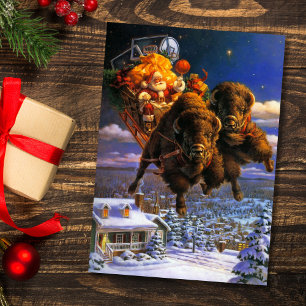 Cartão De Festividades Bison Pulling Santa Claus