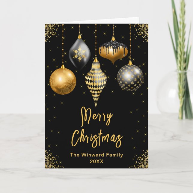 Cartão De Festividades Black and Gold Ornaments Merry Christmas (Frente)