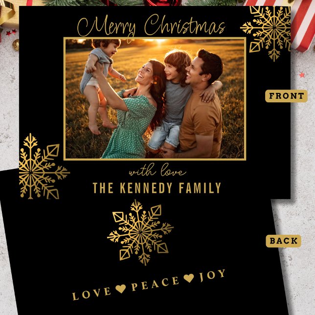 Cartão De Festividades  Black And Gold Snowflake Merry Christmas Photo (Criador carregado)
