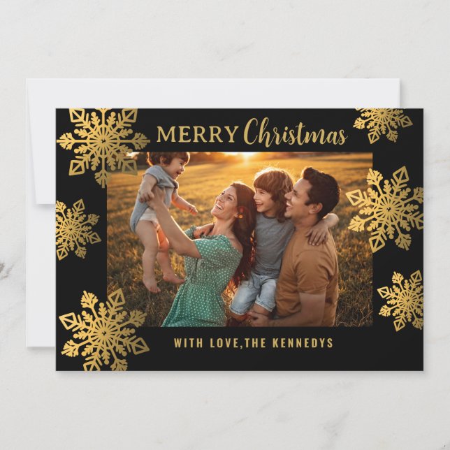 Cartão De Festividades Black And Gold SnowFlake Merry Christmas Photo (Frente)