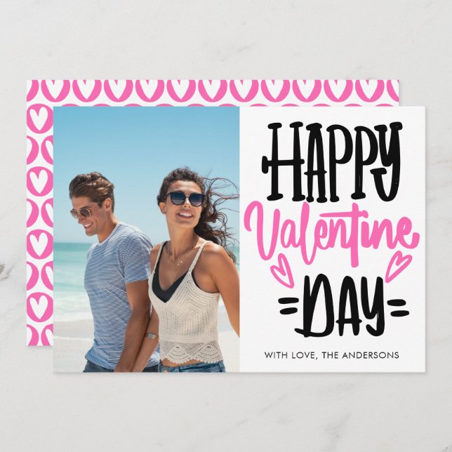 Cartão De Festividades Black and Pink Happy Valentine's Day Script Photo  (Frente/Verso)