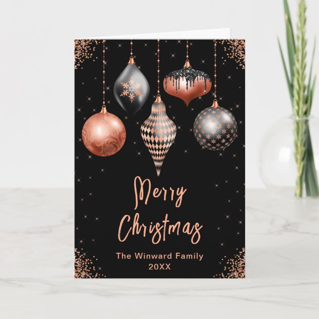 Cartão De Festividades Black and Rose Gold Ornaments Merry Christmas (Frente)