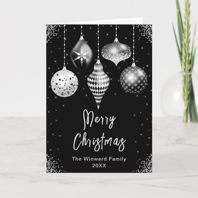 Cartão De Festividades Black and Silver Ornaments Merry Christmas (Frente)