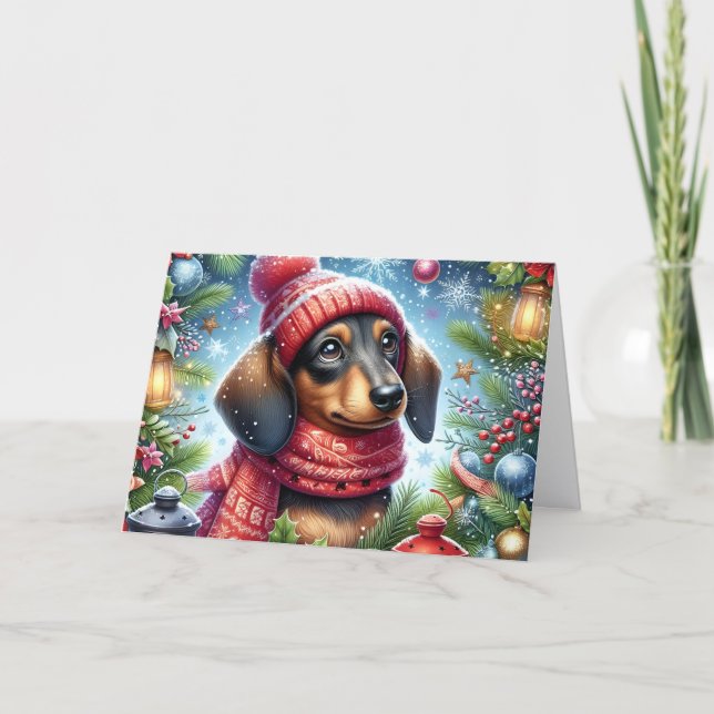 Cartão De Festividades Black and Tan Dachshund Christmas (Frente)
