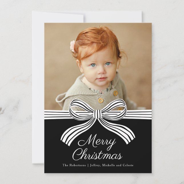 Cartão De Festividades Black and White Bow Flat Christmas Photo Card (Frente)