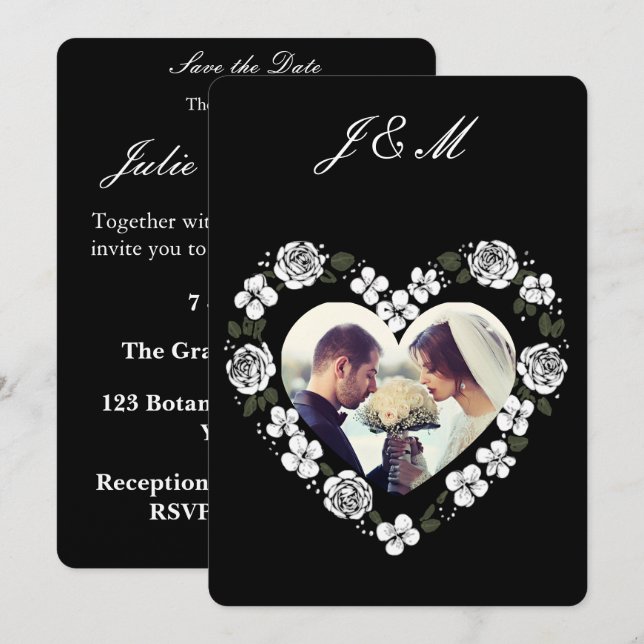 Cartão De Festividades Black and White Floral Heart Wedding Invitation (Frente/Verso)