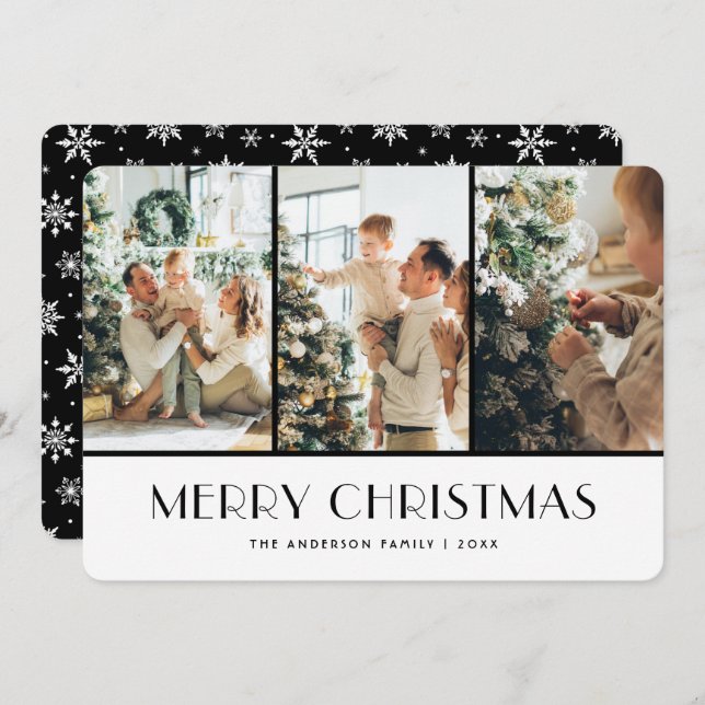 Cartão De Festividades Black and White Snowflakes Photo Christmas Card (Frente/Verso)