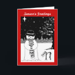 Cartão De Festividades black and white snowman with scarf for christmas<br><div class="desc">The christmas star is twinkling in the night sky and the snow has fallen covering the nearby tree in a little piles of snow. This cute smiling snowman is looking at his stripy Christmas stocking, which is hanging on a nearby twig, hoping for Santa to drop by and fill it...</div>