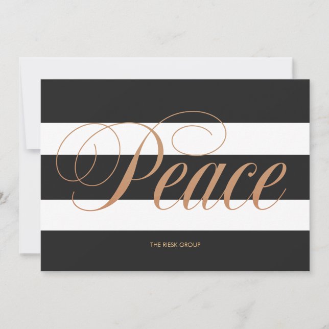 Cartão De Festividades Black and White Striped Gold Peace Holiday Card (Frente)