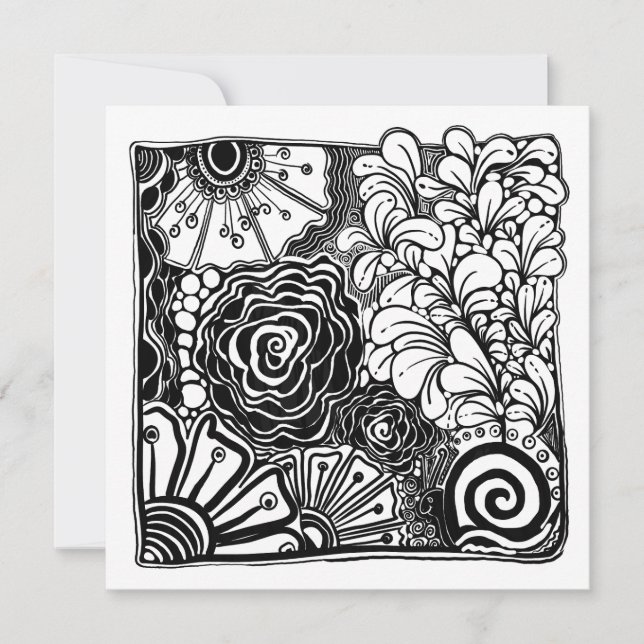 Cartão De Festividades Black And White Zen Floral Patterned Drawing (Frente)