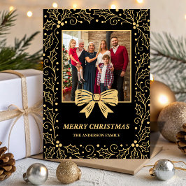 Cartão De Festividades Black & Antique Gold Bow Family Christmas Photo