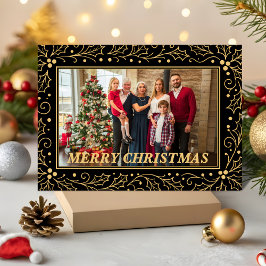 Cartão De Festividades Black & Antique-Gold Family Christmas Photo