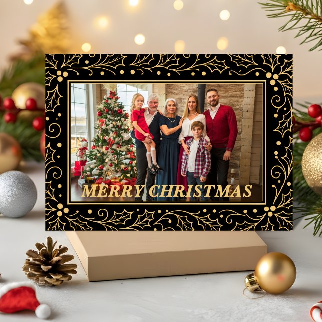 Cartão De Festividades Black & Antique-Gold Family Christmas Photo (Criador carregado)
